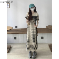 HUAYANG01 [2023 new HOT FASHION] lazlook เดรสถักลายทางลำลองสไตล์เกาหลีสำหรับผู้หญิงเดรสมิดิแขนสั้นฤดูร้อน