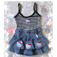 Hello Kawaii อะนิเมะ Sanrio Y2K Suspenders ชุดการ์ตูนน่ารักของเล่น Kt Cat กระโปรงแขนสั้นเสื้อผ้าของขวัญน่ารักสำหรับ Girls