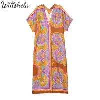 Willshela ผู้หญิงแฟชั่นพิมพ์ Midi Kaftan ชุดวินเทจคอวีแขนสั้นหญิงเก๋เลดี้เดรส