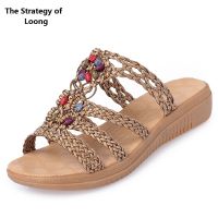 Summer New National Style Fashion Wedges Peep Toe Cut-outs String Bead Woven Plus Size 42 43 Women Gladiator Slippers 2202