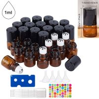 30 Packs Mini Amber Brown Glass Roller Bottle with Black Cap Essential Oil Roll on Bottle with Opener, Hoppers, Droppers and Labels for Perfume Aromatherapy Fragrance