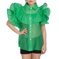 SHU APPAREL RUFFLE SLEEVE BLOUSE #1 - GREEN