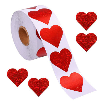 【🎁วันวาเลนไทน์🎁สติกเกอร์รูปหัวใจแวววาว500ชิ้น/ม้วนสมุดรักสีแดงสติกเกอร์กาวสำหรับวันวาเลนไทน์ของขวัญแต่งงานตกแต่งกล่องใส่กระเป๋า1