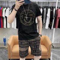 【hot seller】 new short-sleeved mens two-piece European station tide brand trendy high-end printed casual sports suit