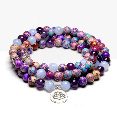 Natural Stone 108 Mala Bead Bracelet For Women Yoga Lotus Om Bracelets Meditation Healing Buddhist Yoga Lotus Charm 8MM