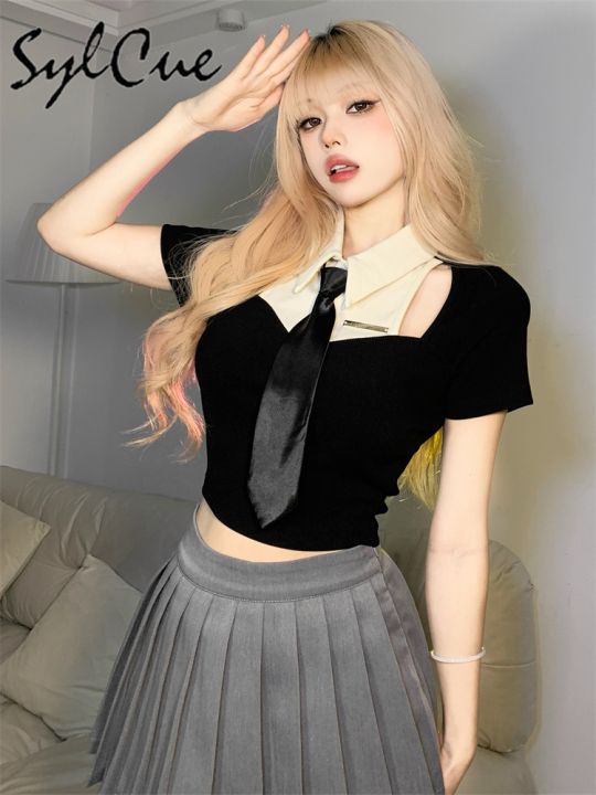 sylcue-college-style-student-young-energetic-girl-sweet-gentle-cute-all-match-casual-womens-fake-two-piece-top-with-tie