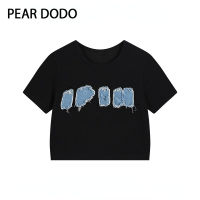 PEAR DODO เสื้อเปิดสะดือแขนสั้นสำหรับผู้หญิงเสื้อยืดสั้นเกาหลี