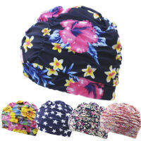 Pleated Flower al Prints Fabric Swimming Cap Swim Pool Beach Surfing Protect Long Hair Ears Caps Hats Plus Size for Women Men