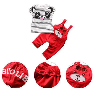 BBWORLD 2Pcs Baby Boy Clothes Sets Cute Boys Cotton Cartoon Panda Striped T- + Strap Pants