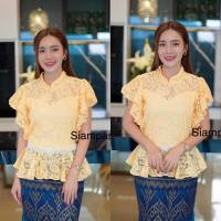 Nangfa เสื้อลูกไม้ แบบสวม รุ่นแขนย้วย ผ้าลูกไม้อย่างดีผ้านุ่ม อก S M L XL XXL เสื้อลูกไม้สีเหลือง เสื้อลูกไม้แขนสั้น แขนค้างคาว Blouse