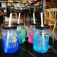 Creative Gradient Color Glass Cup Cute Mason Jar Cups With Straw and Lids Summer Transparent Fruit Juice Cool Drink Water Bottle Cups  Mugs Saucers