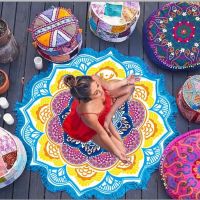 ∋ Yoga Mat Chakra Beach Towel Tassel Toalla Mandala Tapestry Sunblock Round Cover-Up Bath Towel Lotus Bohemian 150cm