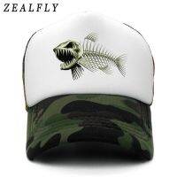 [Fine Jewelry] Fishbone Trucker Cap ผู้ชายตกปลาโครงกระดูก FishCap Hip Hop หมวกเบสบอล SummerManHat สำหรับผู้ชาย