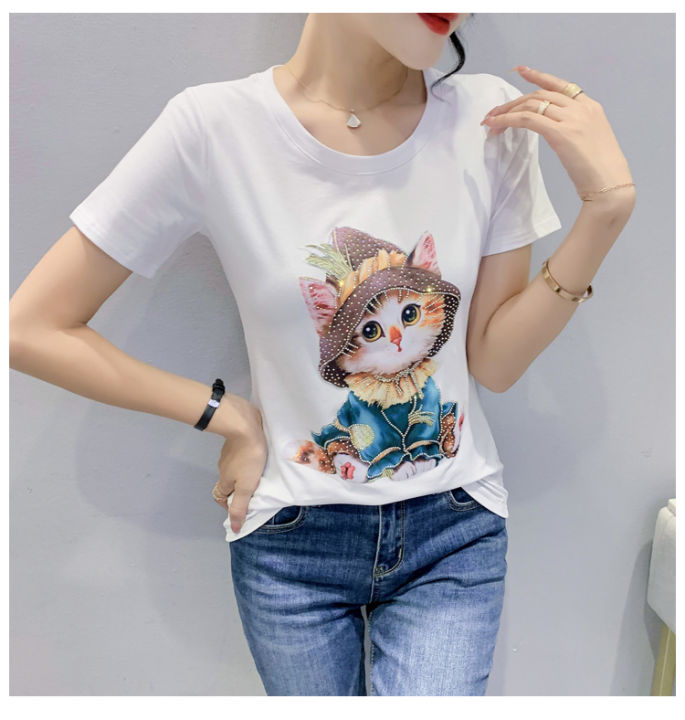 rehin-women-s-top-heavy-duty-diamond-stamping-cartoon-cat-printing-short-sleeved-t-shirt-slim-fit-niche-elegant-blouse