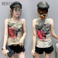 REHIN Unique pattern print Sleeveless cotton T-shirt S-3XL slim fit women undershirt 2022 summer new tank tops