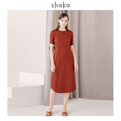 Shaka SS21 Lady Midi Dress  เดรสรูดคอ ตัดต่อไหล่ล้ำ ปลายแขนเป็นสายโบว์ ใส่ซิปซ่อนด้านหลัง  DS-S210607