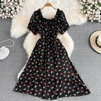 COD DSFERTEREERRE French Korean Retro Square Neck Bubble Short Sleeved Dress Women Summer Waist A Line Pleated Floral Jumpsuit Dresses