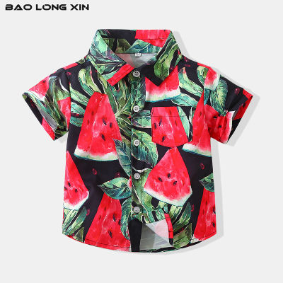 BAOLONGXIN เสื้อเชิ้ตลายแตงโมสำหรับเด็กผู้ชาย,เสื้อเชิ้ตแขนสั้นสำหรับวันหยุด