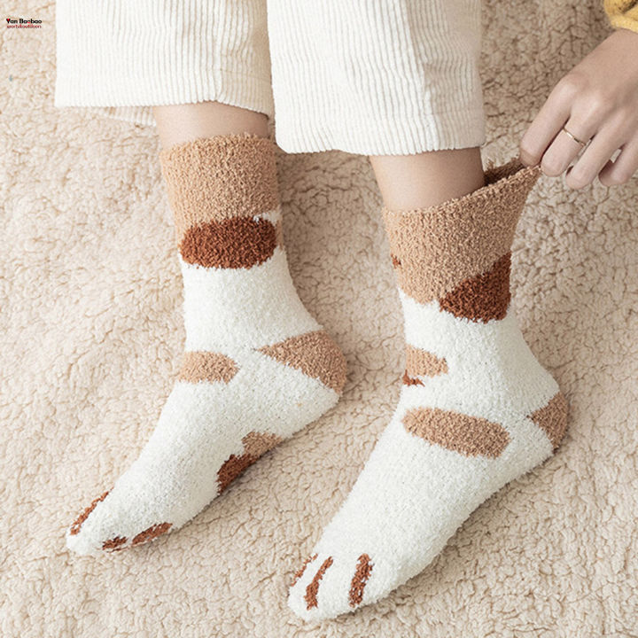 ถุงเท้าขนแกะอุ้งมือแมวน่ารักสำหรับผู้หญิงถุงเท้ารองเท้าสลิปเปอร์หัวตุ๊กตานุ่มสบายสำหรับฤดูหนาว