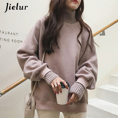 Jielur Korean Style Oversized Hoodies Female Winter False Two Pieces Turtleneck Womens Sweatshirt Loose Thick Fleece Pullovers