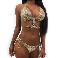 Sexy Sequin Diamond Bikini Three Point Split Shiny Swimsuit Fashion Solid Lace Up Swimsuit with Rhinestones Swimwear Women 2023