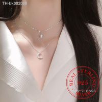 ↂ 100 925 Sterling Silver Double Layer Crystal Star Moon Charm Pendant Necklace For Women Wedding Jewelry Choker Collar Gift