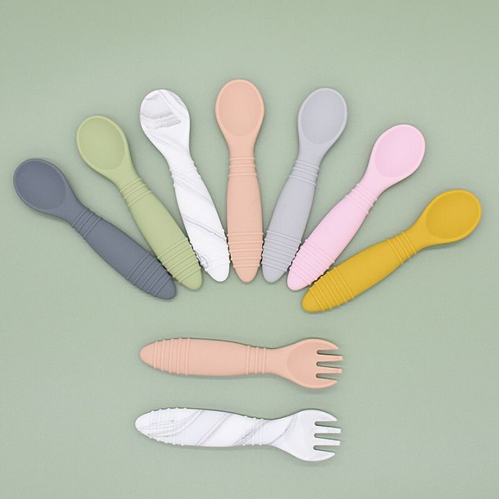 Silicone Baby Spoon Fork Utensils Set Eat Training Auxiliary Food