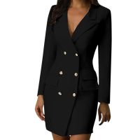 Elegant Double Breasted Blazer Dress Office Ladies Solid Business Dress Spring Autumn Long Sleeve Slim Work Suit Outfits Dresses