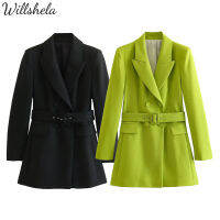 Willshela เสื้อเบลเซอร์ตัวยาวสีทึบแฟชั่นสำหรับผู้หญิงสำหรับผู้หญิง,เอวสูงคอเสื้อแขนยาวมีเข็มขัดเสื้อลำลองมีกระดุม