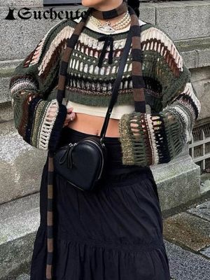 เสื้อสเวตเตอร์ถักสำหรับผู้หญิงเสื้อสเวตเตอร์ตาข่ายฉลุลายทางมีรูสำหรับ Y2k เสื้อครอปเสื้อคเกอร์แฟรี่ผ้าแนวกรันจ์กอธเสื้อสเว็ตเตอร์ขนาดใหญ่