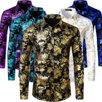 【Hot Sale】embellishembellishเสื้อเชิ้ตสายโซ่ CamisasSlim Long SleeveShirt For Party Prom Show Men Clothing