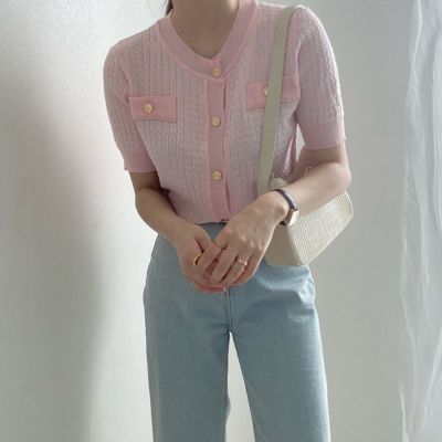 Chic Korean Summer Gentle Sweet Slim Pink V Neck Short Sleeve Cardigan Jacket Thin Fashion Knitted Tops Sweaters&amp;Jumpers Wild