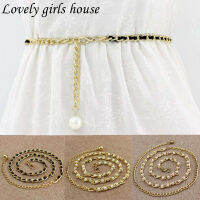 【♡Lovely girls house♡】เข็มขัดผู้หญิงยาวไข่มุกหวานแฟชั่น,เข็มขัดคาดเอวโลหะสีทองแฟชั่นแบบเรียบง่าย