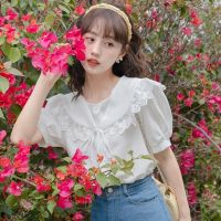 Preppy Style Sweet Chiffon Shirts for Women Summer 2023 Korean Lady Cute Peter Pan Collar Lace Short Sleeve Tops White Blouse