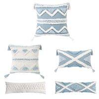 Bohemian Macrame Tufted Tassel Long Throw Pillow Case Blue Beige Textured Fringe Tribal Decorative Cushion Cover M6CE