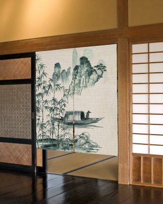 Fashion 2023 Chinese Painting Door Curtain Scene Bamboo Boat Restaurant Kitchen Entrance Japanese Partition Wall Entrance Half Curtain