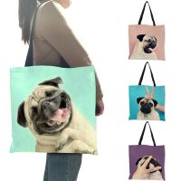 Personalized Simple Pug Dog 3D Printed Pink Purple Handbag for Women Girls Soft College Tote Bag High Quality Linen Shoulder Bag