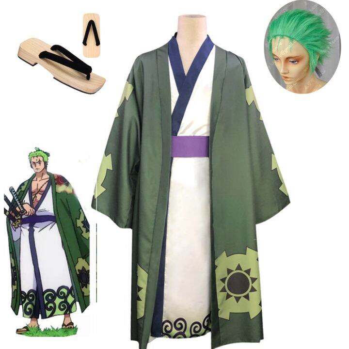 Anime Roronoa Zoro Cosplay Costume Kimono Robe Full Suit Slicked Back Green Wig Short Layer