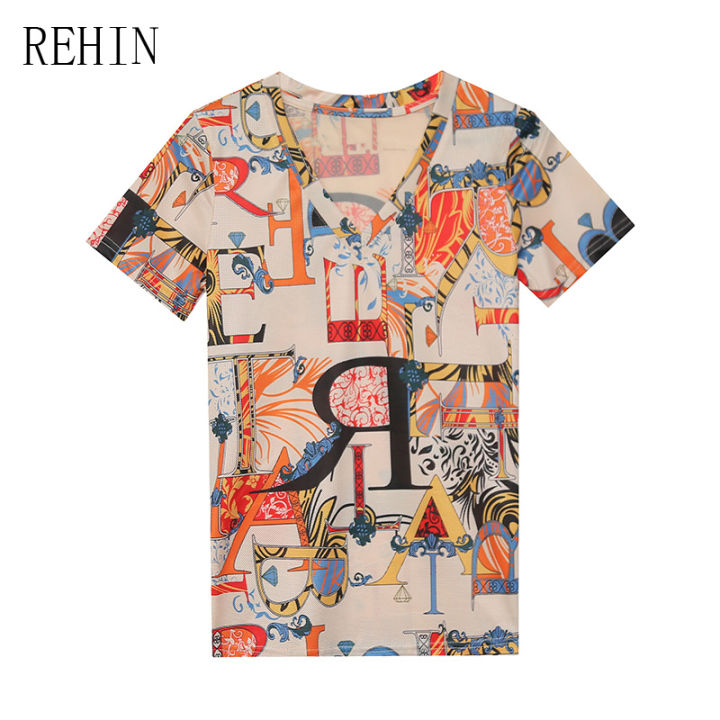 rehin-เสื้อยืดผู้หญิงเสื้อยืดแขนสั้นคอวีพิมพ์ลายไม่เหมือนใครแฟชั่นใหม่ฤดูร้อน