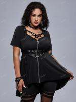 ROSEGAL Plus ขนาด Gothic Top สำหรับ Wome เสื้อยืดสีดำ Caged Cutout Strappy Grommets ซิปด้านหน้าเสื้อ Tees 4XL