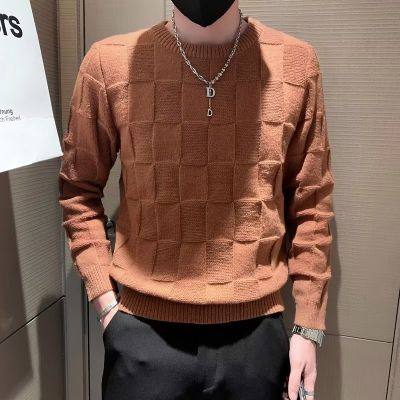 CODTheresa Finger Round Neck Solid Color Sweater Checkerboard Boys Loose Casual Bottoming