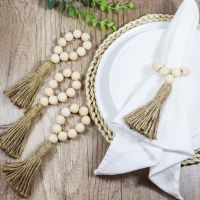 Natural Wood Beads Table Art Napkin Rings Setting with Jute Tassels Designed Serving Dinner Cloth Holders Wedding Party Kitchen