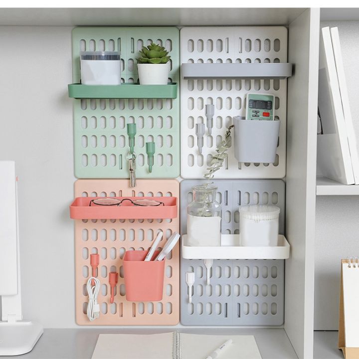 hole-board-wall-shelf-hooks-self-adhesive-storage-rack-desk-room-various-earphone-remote-control-storage-accessories