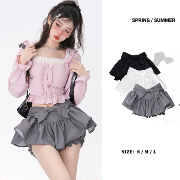 cc-bow-fluffy-skirt-low-waisted-ruffled-preppy-korean-fashion-drop-shipping