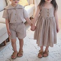 1550C Brother Sister Clothes College Plaid Girls Suspenders Long Skirt Boys Two Piece Suit Summer Sailor Collar Boys Suit