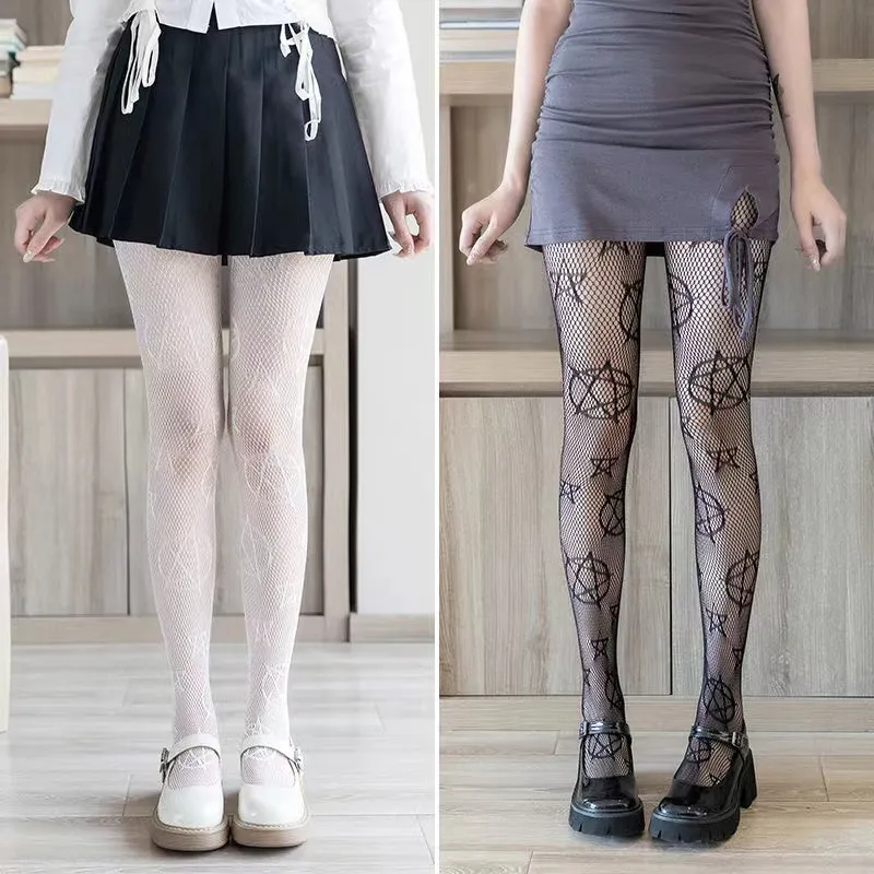 Lolita Girls Cute Pentacle Print Tights Women Sexy Gothic Punk Magical  Five-Pointed Star Mesh Fish