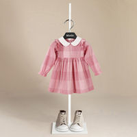 Spring and Autumn Long-sleeved Cotton Girls Princess Dress Pink Checkered Dress Small and Sweet Simple Childrens Dress Skirt