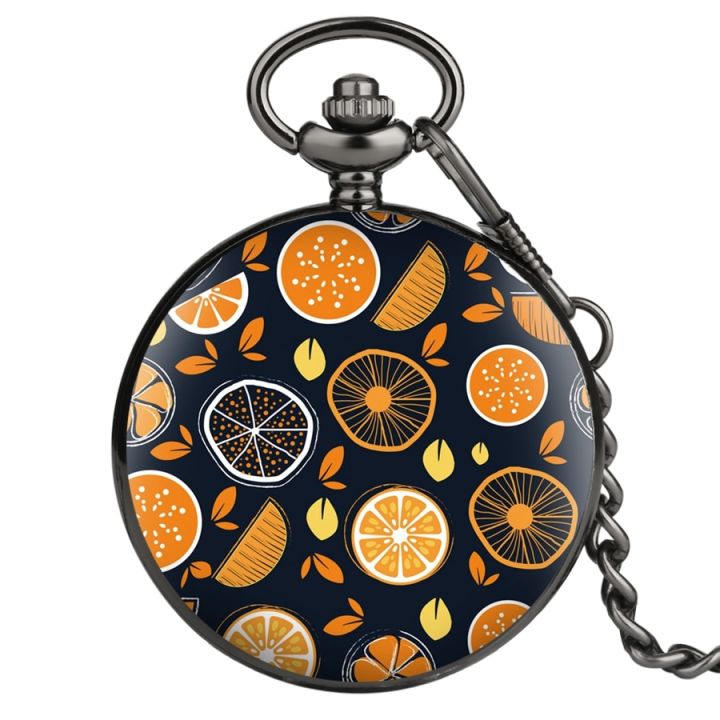 นาฬิกาขนาดพกพาแบบเต็มตัวสายสีดำนาฬิกาพกระบบควอตซ์พิมพ์ลายสีส้มฤดูร้อนแฟชั่น