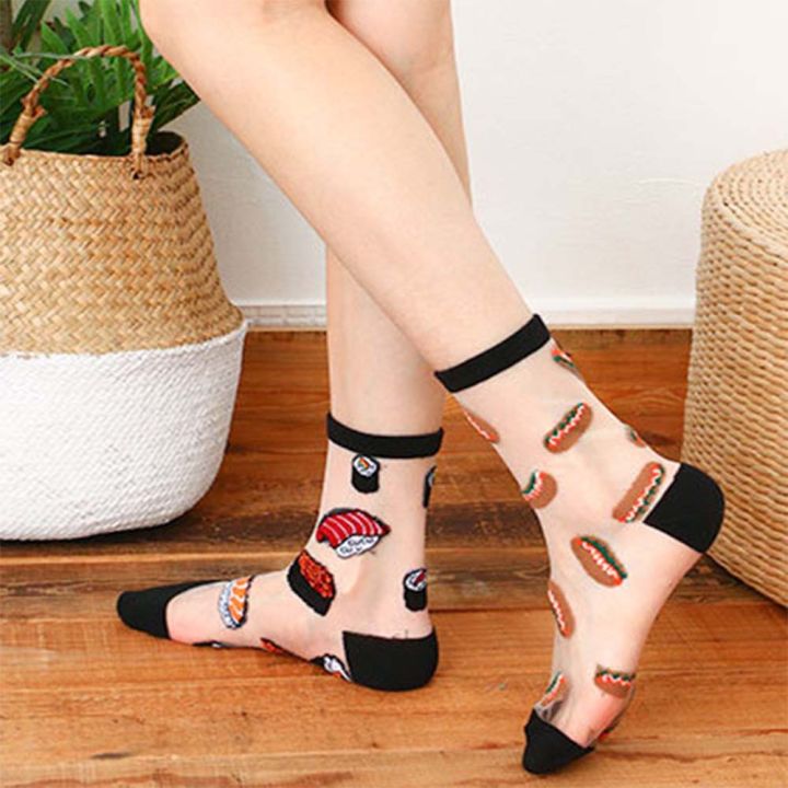 therye-เค้กเกาหลีฤดูร้อนสำหรับผู้หญิงการ์ตูนอาหารเส้นใยลายอะคริลิคถุงเท้าผ้าไหมแก้วถุงเท้าถุงเท้าทรงท่อใส