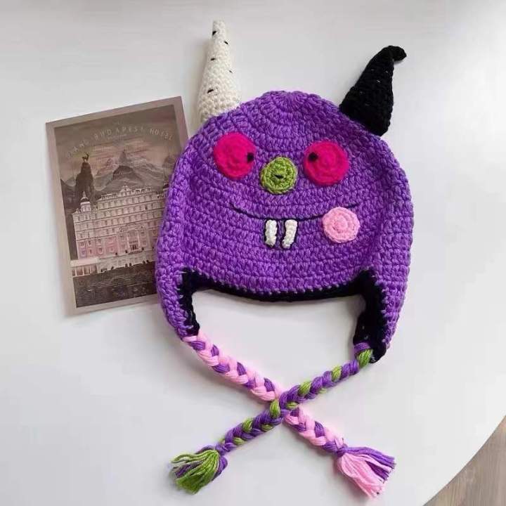 horn-demon-hat-purple-funny-hat-warm-knitted-wool-hat-men-ashion-cold-hat-trend-ear-protection-id-hat-uni-party-hat